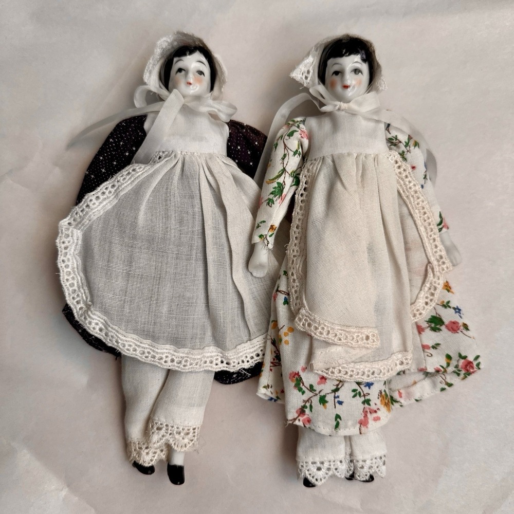 2 Vtg Porcelain Country Doll blue dot / Floral dress dollhouse 8.5" **read - Picture 2 of 10